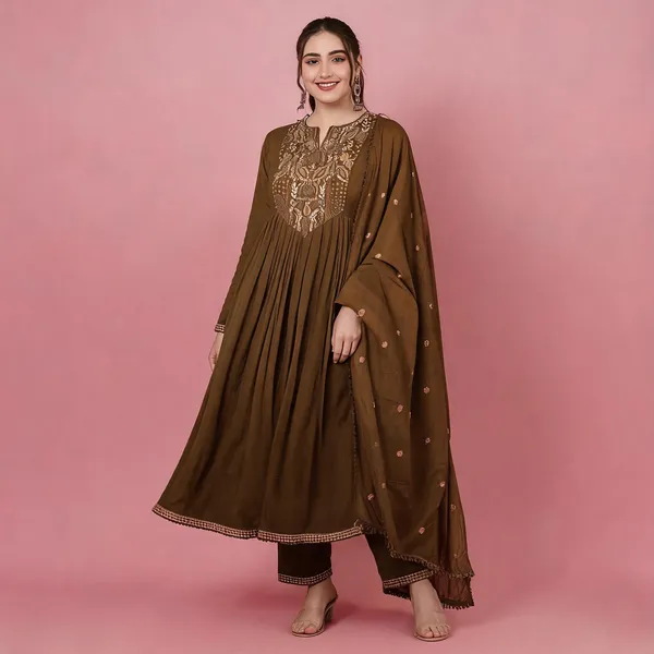 Dark_Green_Chanderi_Anarkali_Embroidered_Kurta_Set_For_Women