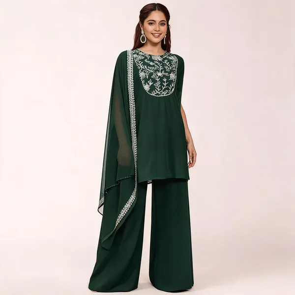Dark_Green_Vichitra_Straight_Embroidered_Kurta_Set_For_Women