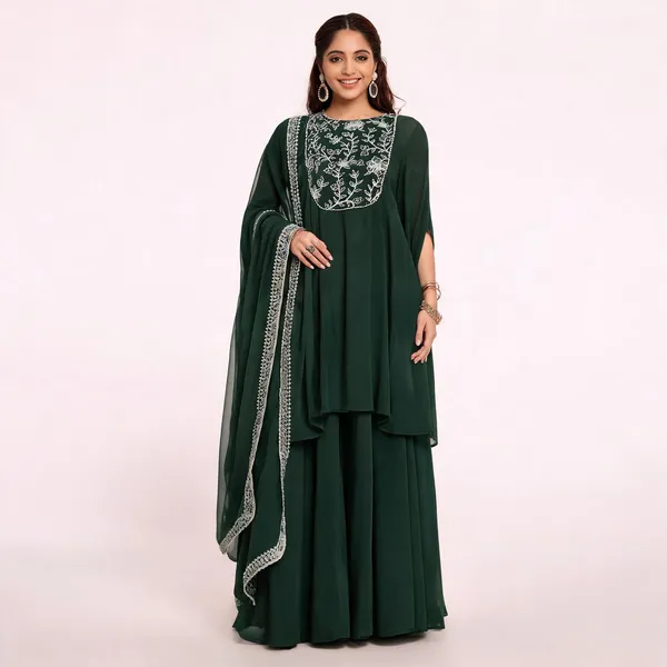 Dark_Green_Vichitra_Straight_Embroidered_Kurta_Set_For_Women