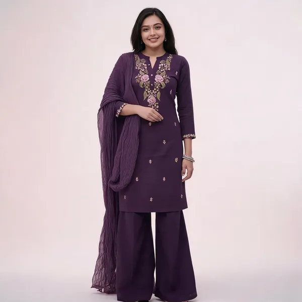 Purple_Cotton_Slim_Fit_Embroidered_Kurta_Set_For_Women