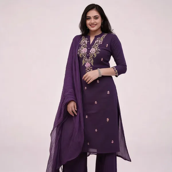 Purple_Cotton_Slim_Fit_Embroidered_Kurta_Set_For_Women