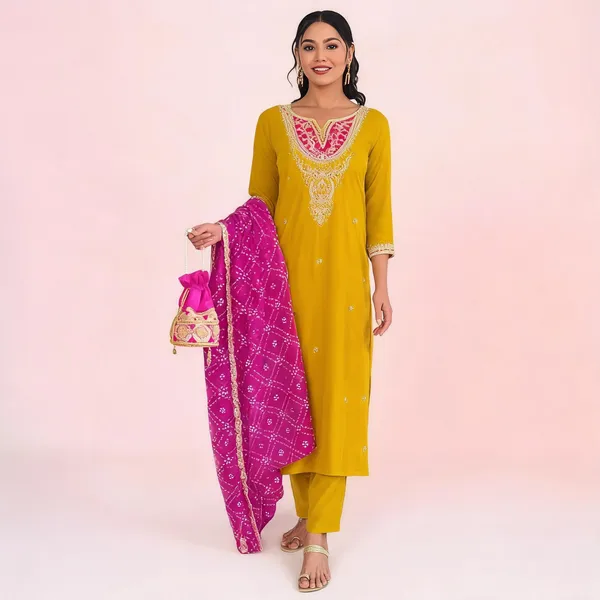 Yellow_Chanderi_Cotton_Straight_Embroidered_Kurta_Set_For_Women