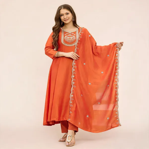 Orange_Cotton_Embroidered_Kurta_Set_For_Women
