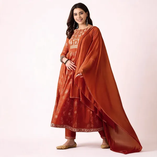 Orange_Georgette_Anarkali_Foil_Printed_Kurta_Set_For_Women