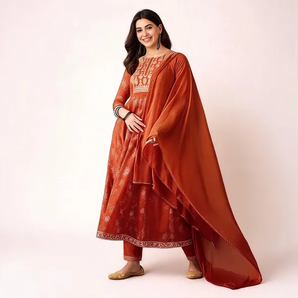 Orange_Georgette_Anarkali_Foil_Printed_Kurta_Set_For_Women