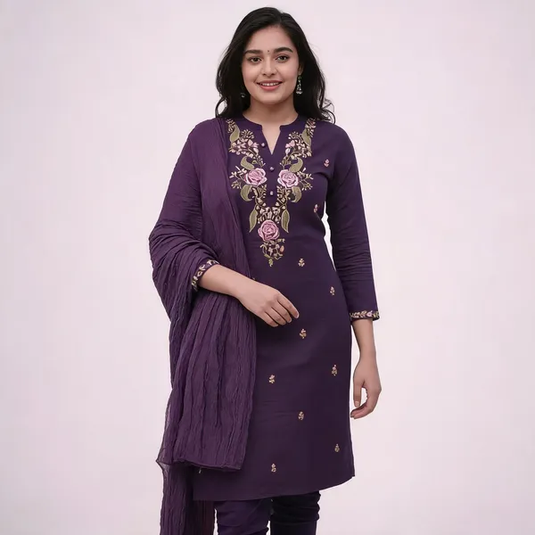 Purple_Cotton_Slim_Fit_Embroidered_Kurta_Set_For_Women