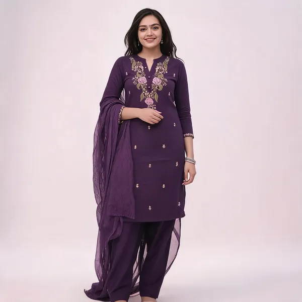 Purple_Cotton_Slim_Fit_Embroidered_Kurta_Set_For_Women