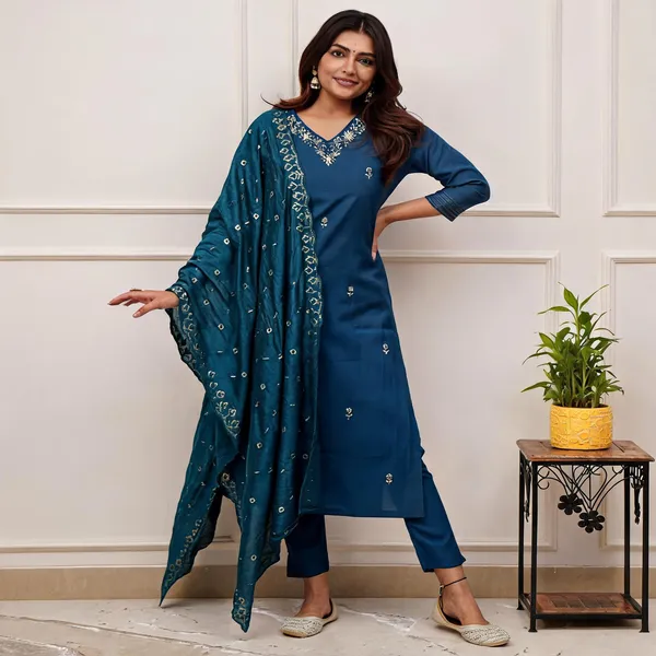 Dark_Blue_Chanderi_Embroidered_Kurta_Set_For_Women