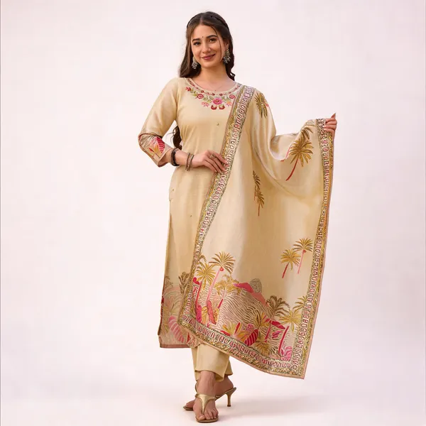 Beige_Viscose_Assam_Silk_Straight_Embroidered_Kurta_Set_For_Women