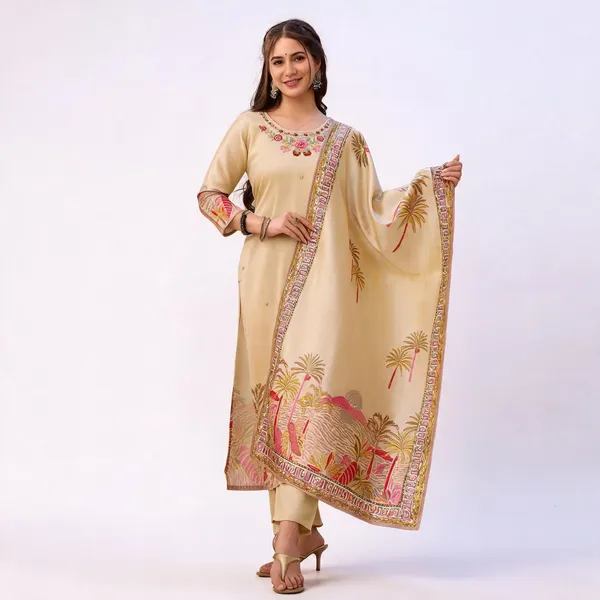 Beige_Viscose_Assam_Silk_Straight_Embroidered_Kurta_Set_For_Women