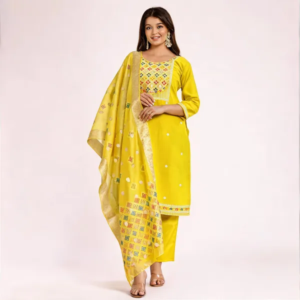 Yellow_Viscose_Assam_Silk_Embroidered_Straight_Kurta_Set_For_Women