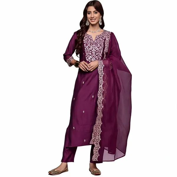 Wine_Chanderi_Embroidered_Yoke_Straight_Kurta_Salwar_Set_For_Women