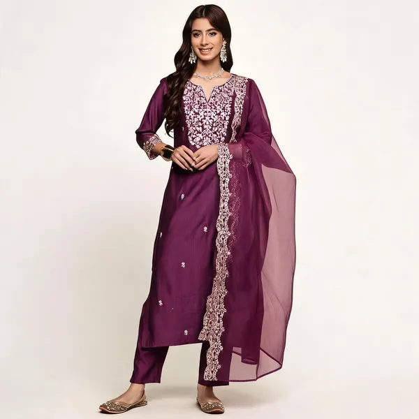 Wine_Chanderi_Embroidered_Yoke_Straight_Kurta_Salwar_Set_For_Women