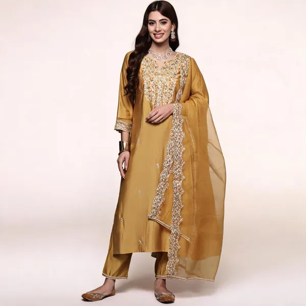 Yellow_Chanderi_Straight_Embroidered_Kurta_Set_For_Women