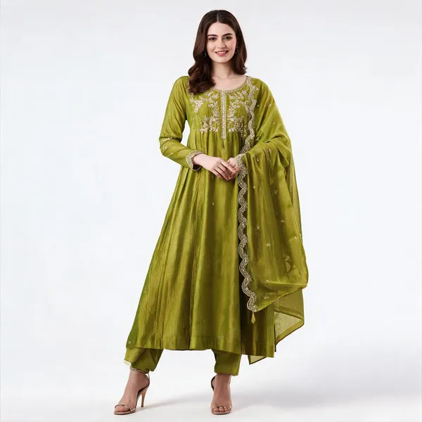 Green_Flared_Anarkali_Zari_Embroidered_Kurta_Set_For_Women