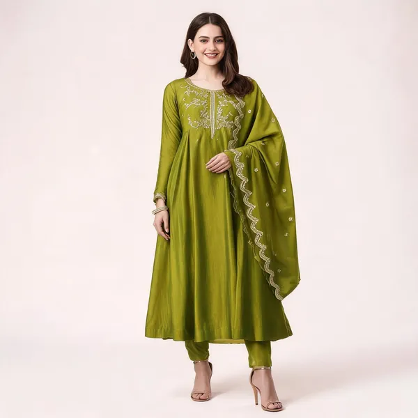 Green_Flared_Anarkali_Zari_Embroidered_Kurta_Set_For_Women