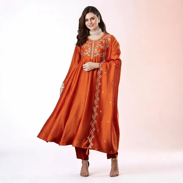 Orange_Cotton_Anarkali_Embroidered_Kurta_With_Bottom_&_Dupatta_For_Women