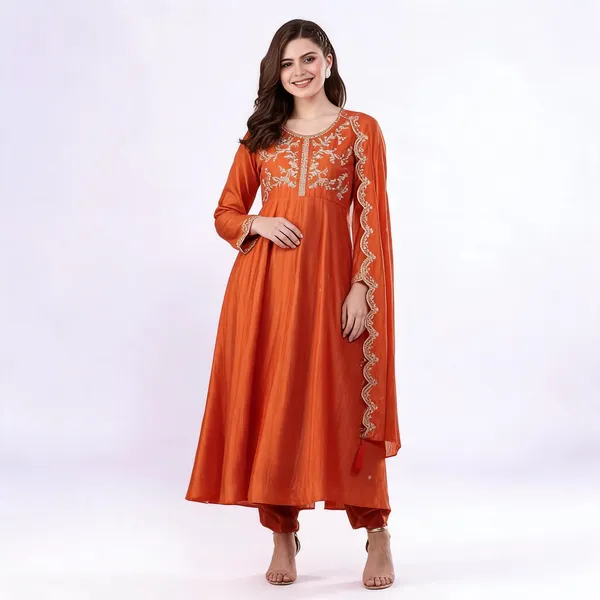 Orange_Cotton_Anarkali_Embroidered_Kurta_With_Bottom_&_Dupatta_For_Women