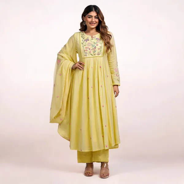 Yellow_Chanderi_Anarkali_Printed_Kurta_With_Bottom_&_Dupatta_For_Women