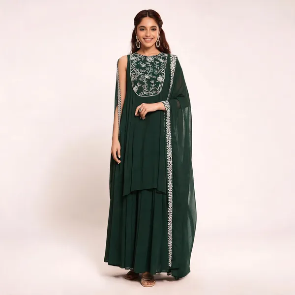 Dark_Green_Vichitra_Straight_Embroidered_Kurta_Set_For_Women