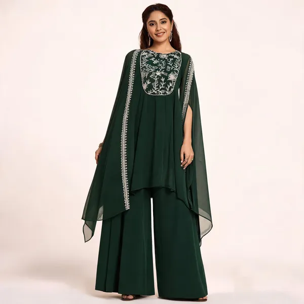 Dark_Green_Vichitra_Straight_Embroidered_Kurta_Set_For_Women