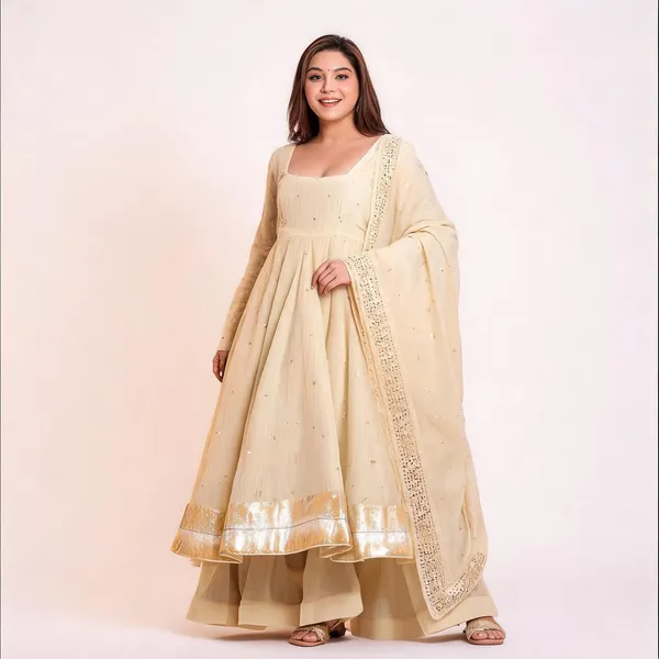 Beige_Chinnon_Anarkali_Foil_Butti_Kurta_Set_For_Women