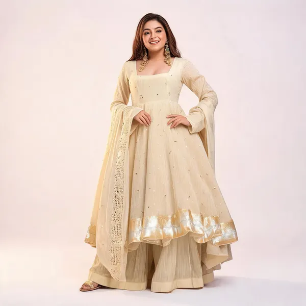 Beige_Chinnon_Anarkali_Foil_Butti_Kurta_Set_For_Women
