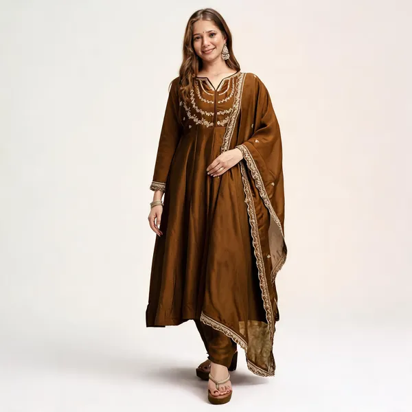 Brown_Vichitra_Silk_Flared_Anarkali_Embroidered_Kurta_Set_For_Women