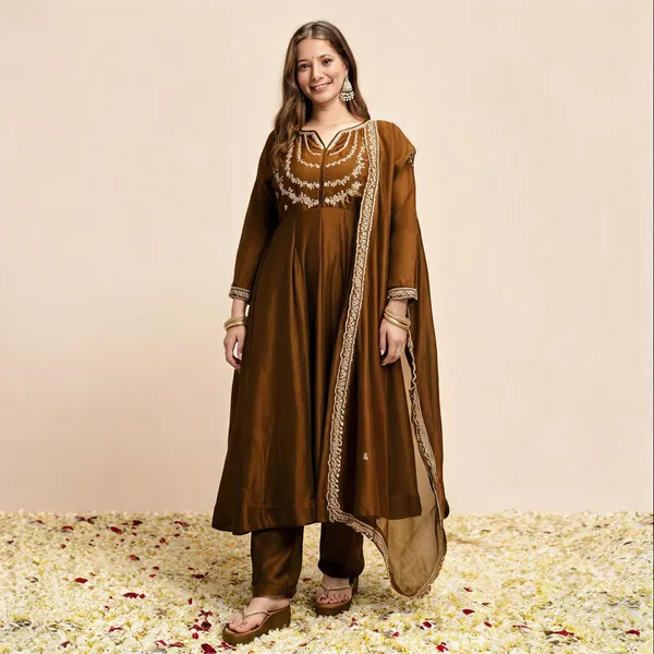Brown_Vichitra_Silk_Flared_Anarkali_Embroidered_Kurta_Set_For_Women
