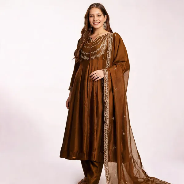 Brown_Vichitra_Silk_Flared_Anarkali_Embroidered_Kurta_Set_For_Women