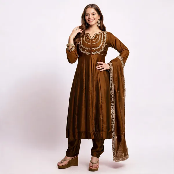 Brown_Vichitra_Silk_Flared_Anarkali_Embroidered_Kurta_Set_For_Women