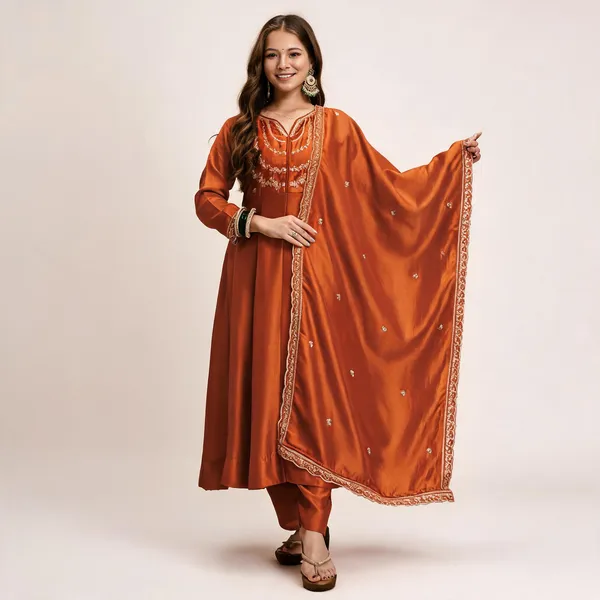 Orange_Vichitra_Silk_Flared_Anarkali_Embroidered_Kurta_Set_For_Women