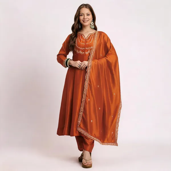 Orange_Vichitra_Silk_Flared_Anarkali_Embroidered_Kurta_Set_For_Women
