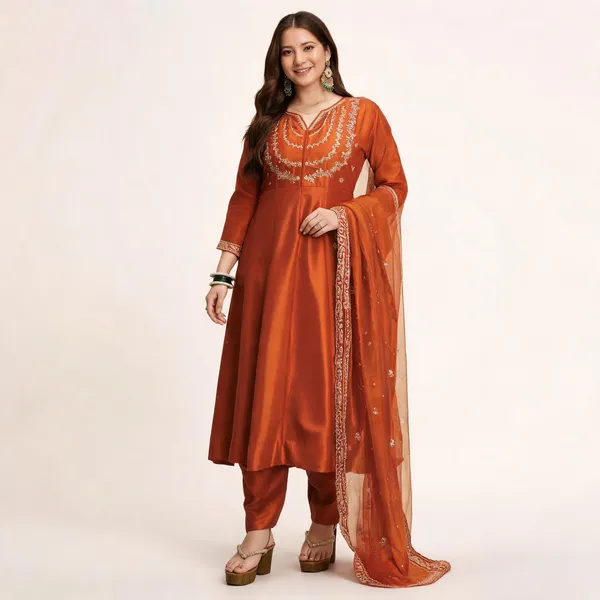 Orange_Vichitra_Silk_Anarkali_Embroidered_Kurta_Set_For_Women