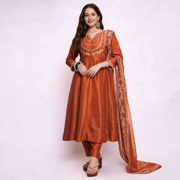 Orange_Vichitra_Silk_Anarkali_Embroidered_Kurta_Set_For_Women