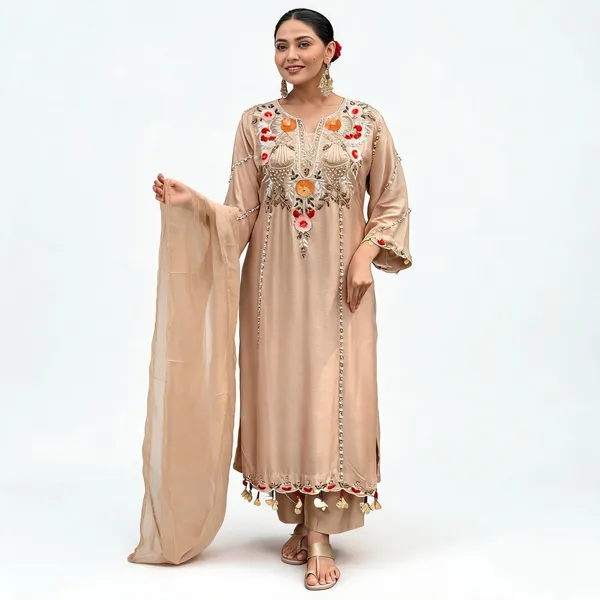 Beige_Chanderi_Straight_Embroidered_Kurta_With_Pant_&_Dupatta_For_Women