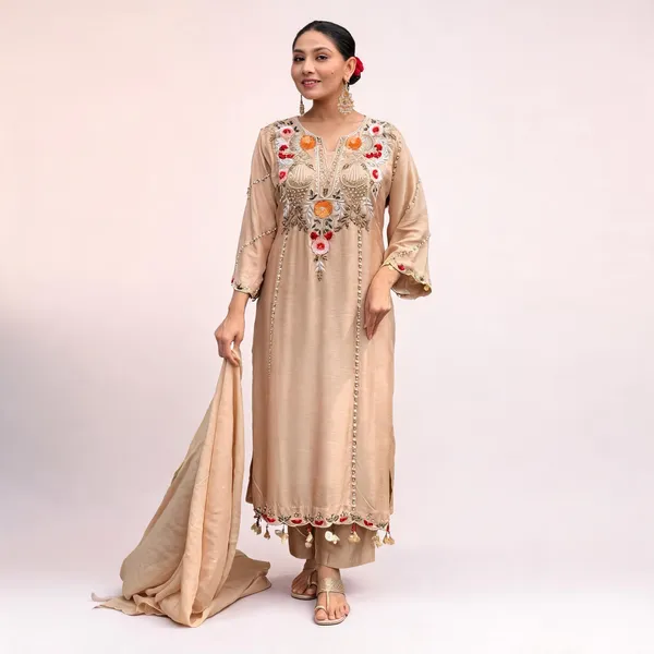 Beige_Chanderi_Straight_Embroidered_Kurta_With_Pant_&_Dupatta_For_Women