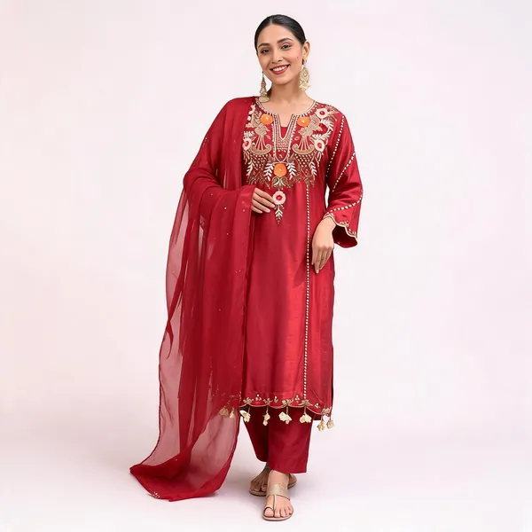 Maroon_Cotton_Anarkali_Embroidered_Kurta_Set_For_Women