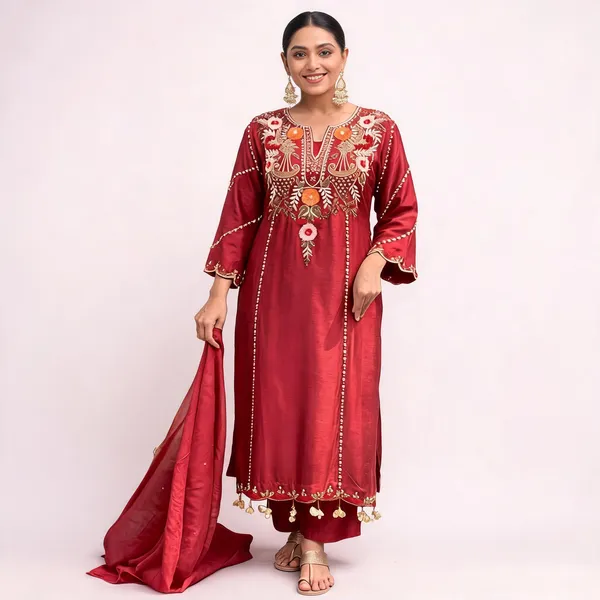 Maroon_Cotton_Anarkali_Embroidered_Kurta_Set_For_Women
