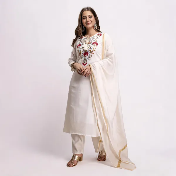 White_Cotton_Embroidered_Kurta_With_Pant_&_Dupatta_For_Women