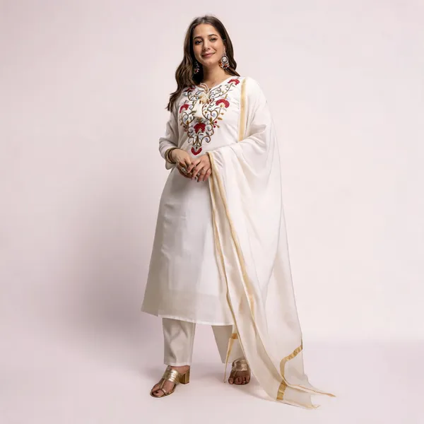 White_Cotton_Embroidered_Kurta_With_Pant_&_Dupatta_For_Women