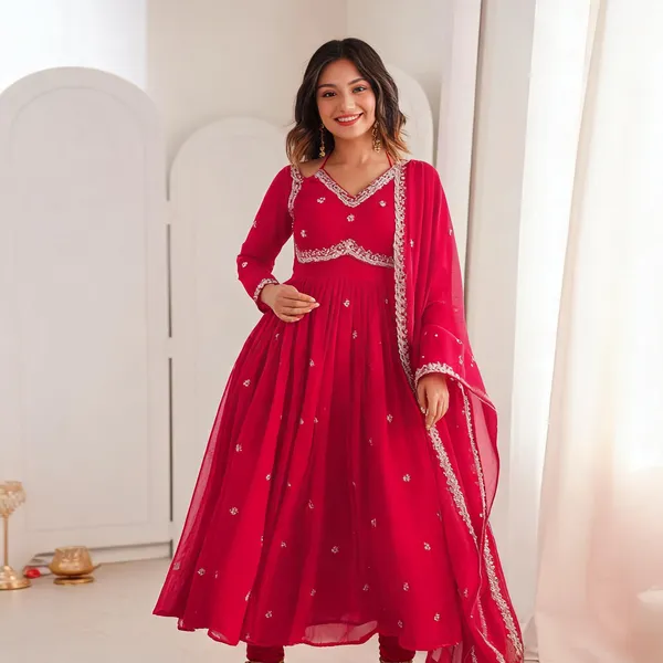 Red_Georgette_Anarkali_Embroidered_Kurta_Set_For_Women