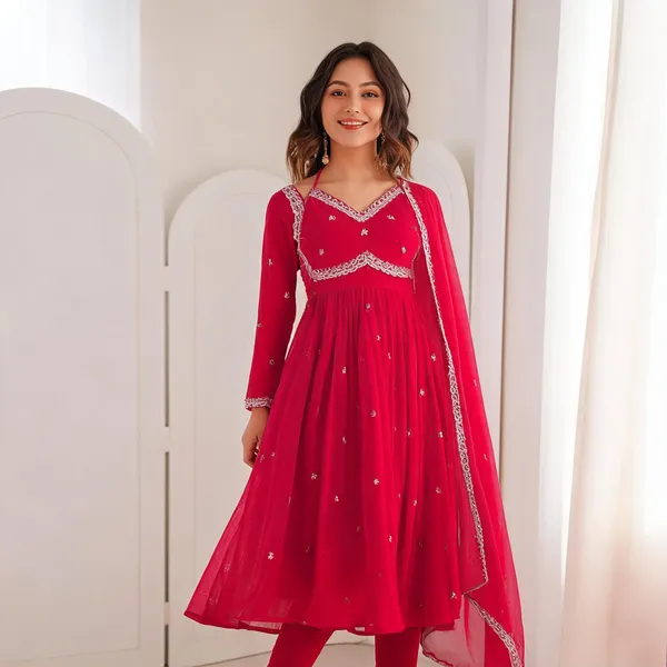 Red_Georgette_Anarkali_Embroidered_Kurta_Set_For_Women