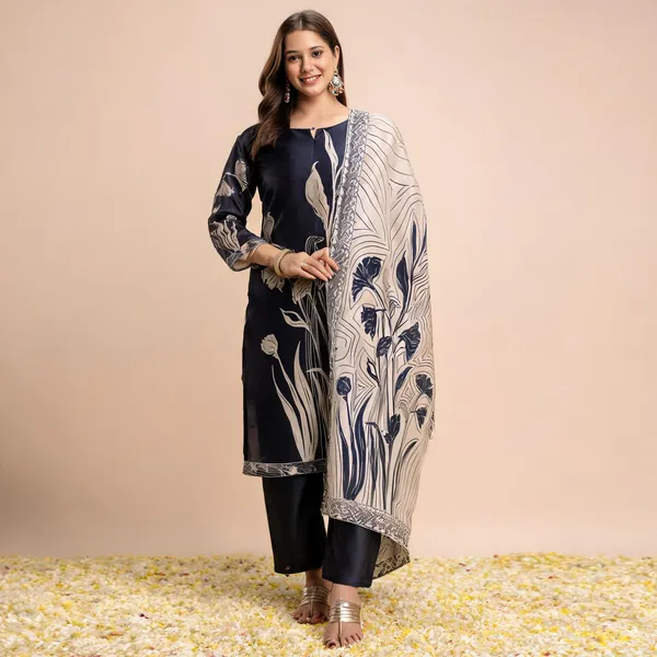 Navy_Blue_Assam_Silk_Floral_Printed_Kurta_Set_For_Women