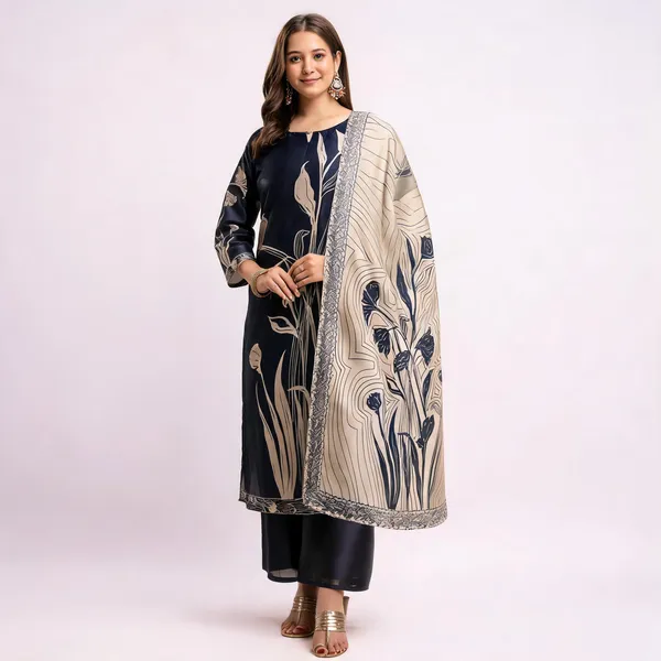 Navy_Blue_Assam_Silk_Floral_Printed_Kurta_Set_For_Women