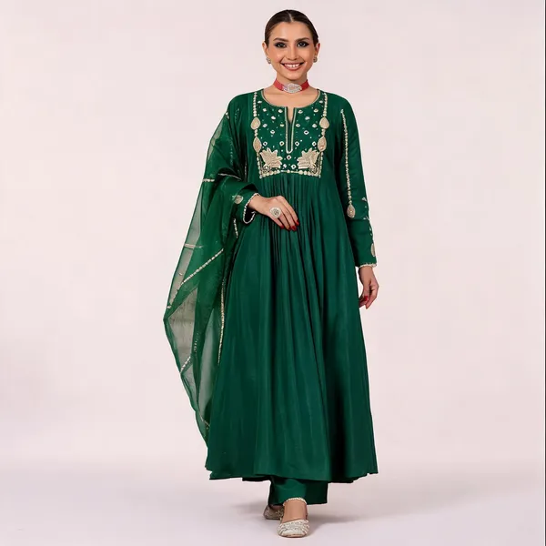 Green_Chanderi_Anarkali_Embroidered_Kurta_With_Bottom_&_Dupatta_For_Women