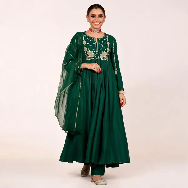 Green_Chanderi_Anarkali_Embroidered_Kurta_With_Bottom_&_Dupatta_For_Women
