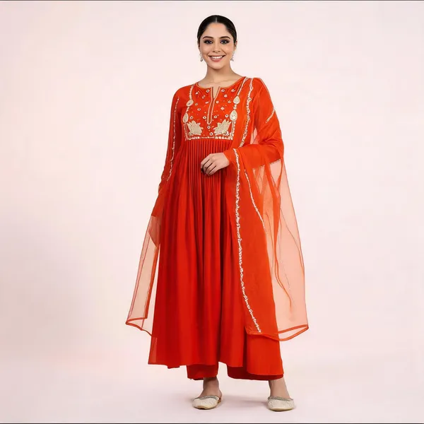 Orange_Chanderi_Silk_Anarkali_Embroidered_Kurta_Set_For_Women