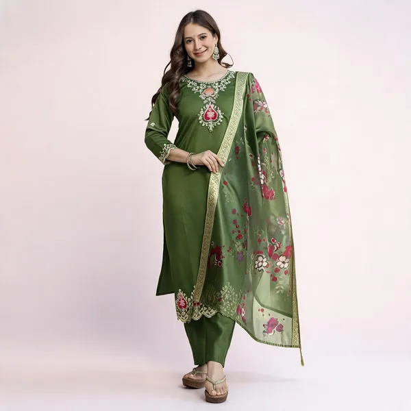 Olive_Green_Chanderi_Embroidered_Straight_Kurta_Set_For_Women