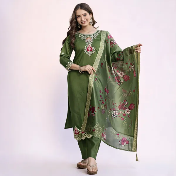 Olive_Green_Chanderi_Embroidered_Straight_Kurta_Set_For_Women